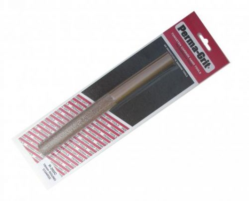A packaged Perma-Slik pen in clear plastic, with a red and white label at the top. The pen is brown, and the packaging includes text and branding details.