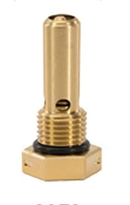 Image of an SA72 (7/16-20) Saf-Air Flush Fuel Drain Valve. The brass valve features a cylindrical body with a threaded base and a small hole near the top, designed for efficient fuel drainage.