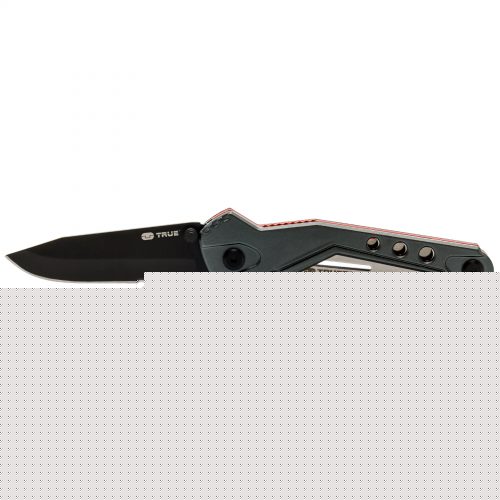 Folding knife labeled "Trueblade" with a black partially serrated blade and a sleek, dark handle featuring metal accents and rivets.