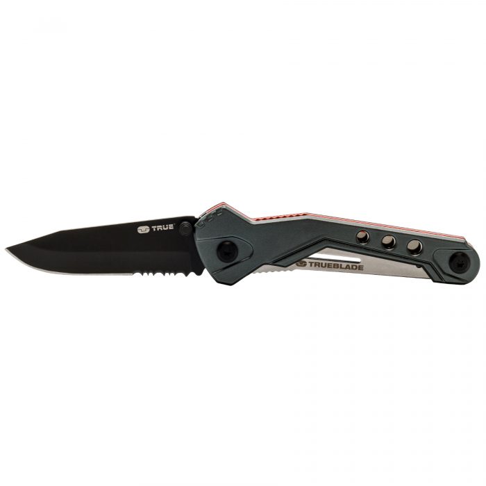 Folding knife labeled "Trueblade" with a black partially serrated blade and a sleek, dark handle featuring metal accents and rivets.