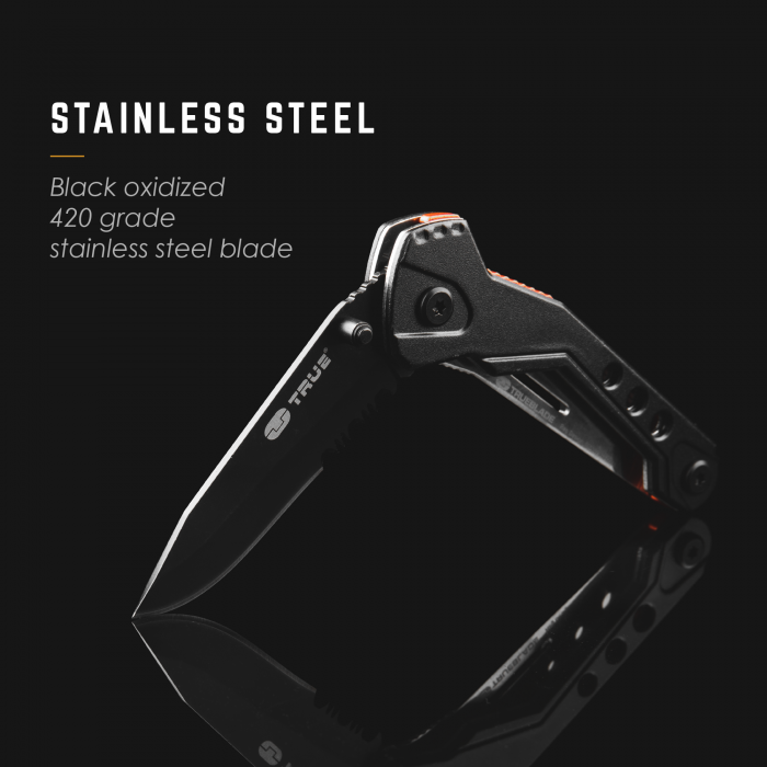 A black oxidized 420 grade stainless steel folding knife labeled "Trueblade" is open against a dark background. The blade and handle have a sleek, modern design with visible screws and a glossy finish. Text reads "Stainless Steel."