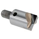 A metal countersink bit with a threaded shank and a conical cutting edge, used for creating beveled edges in materials.