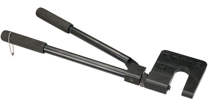 Image of a 3" Pro Heavy Duty Rivet Squeezer with black handles and a metal head, designed for squeezing rivets in heavy-duty applications. The tool features a long handle for increased leverage and a chain for securing the handles.