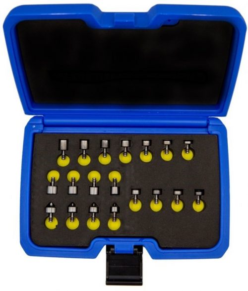 A blue plastic case containing a Dimple Die & Rivet Set with multiple metal tools organized in foam slots.