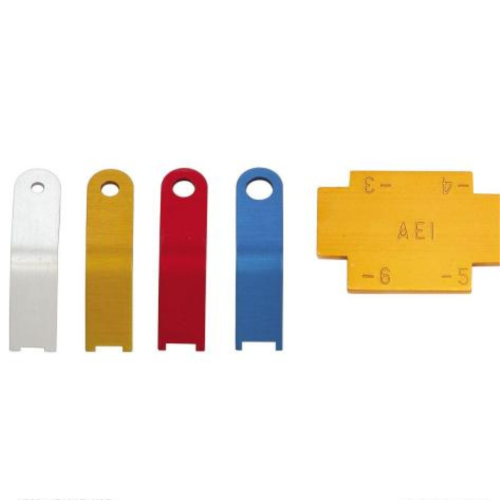 A set of Rivet Length and Shop Head Gauges featuring four rectangular metal strips in silver, gold, red, and blue, each with a hole at the top. A separate yellow rectangular gauge with engraved numbers is also included.
