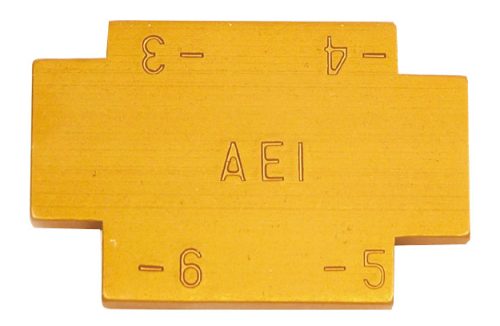Yellow rivet length gauge with notched edges and engraved markings: "AEI" in the center, and numbers "-3", "-4", "-5", and "-6" at each corner.