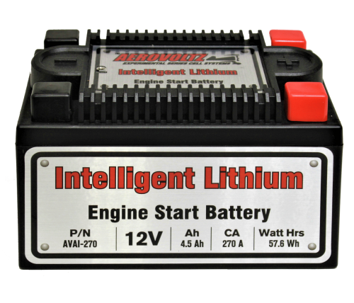 AEROVOLTZ AI SERIES 270 CCA Experimental Intelligent Lithium Battery, featuring 12V, 4.5 Ah, 270 CA, and 57.5 Watt Hours. The battery has a black casing with red and black terminals.