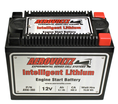 AEROVOLTZ AI Series 360 CCA Experimental Intelligent Lithium Battery with labels showing specifications: 12V, 6.1 Ah, 360 CA, 78.08 Watt Hrs. Black casing with red and black terminals.