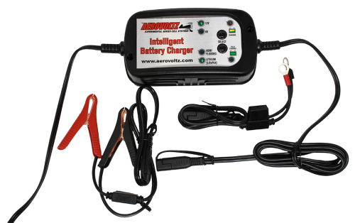 AEROVOLTZ AI Series Battery Charger with intelligent charging technology, featuring indicator lights and attached cables with clamps and ring terminals for versatile battery connection.