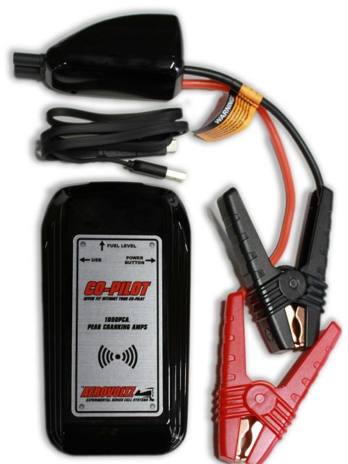 AEROVOLTZ CO-PILOT Battery Jump Pack with black and red jumper cables, charging cable, and compact black device.