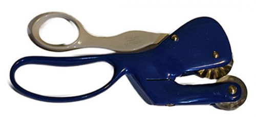 Blue and beige rotary pinking shears with a circular blade and ergonomic handle, designed for cutting fabric with a zigzag edge.