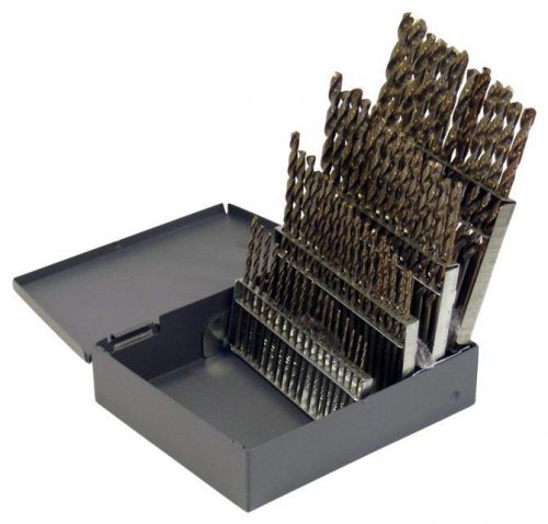 A 60 piece cobalt drill bit set displayed in an open metal case, showing various sizes of drill bits neatly arranged in rows.