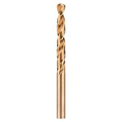 A single gold-colored twist drill bit with a spiral design, standing vertically against a white background.