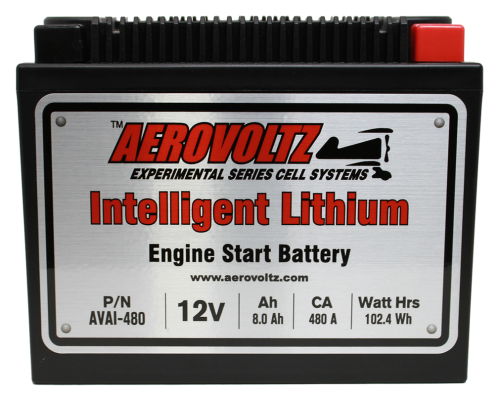 AEROVOLTZ AI Series 480 CCA Experimental Intelligent Lithium Battery, 12V, 8.0 Ah, 480 CA, 102.4 Watt Hrs. Black casing with a silver label and red terminal.