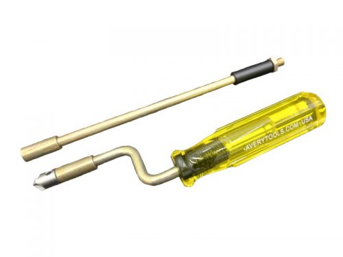 A Speed Deburring Tool with a yellow handle and a metal blade, designed for smoothing edges. An additional attachment is shown above, featuring a straight metal rod with a black grip section.