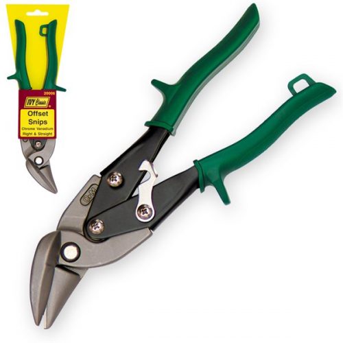 Ivy Classic Offset Snips, Right/Straight, featuring green handles and a metal cutting blade, designed for precise cutting. The packaging is shown in the top left corner.