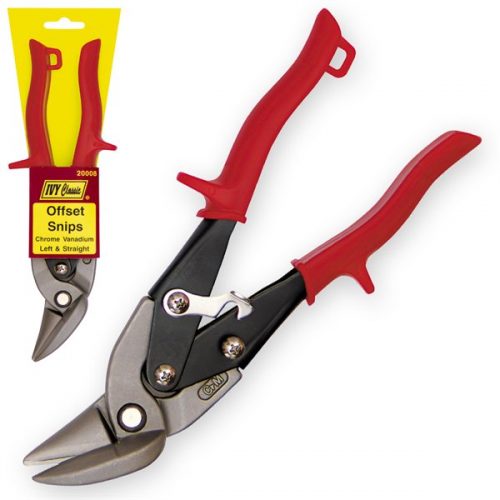 Ivy Classic Offset Snips, Left/Straight, featuring red handles and a silver blade, designed for cutting metal. The image shows the snips both in packaging and out, highlighting their ergonomic design.