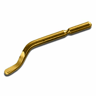 Image of a small brass deburring tool replacement blade, designed for use with cast iron. The blade features a curved tip and a cylindrical handle, suitable for smoothing edges and removing burrs from materials.