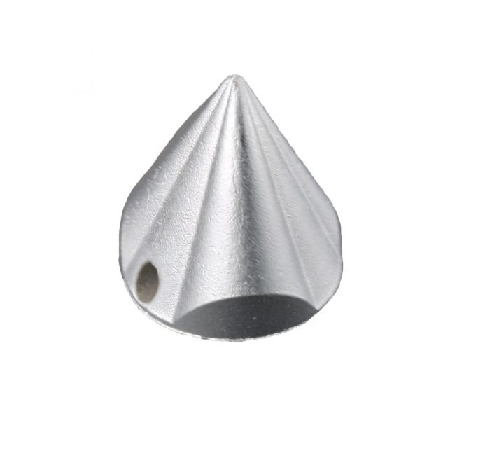 Metallic, cone-shaped Rolo-Flair Replacement Burnishing Cone with a smooth, grooved surface and a small hole near the base, designed for polishing applications.