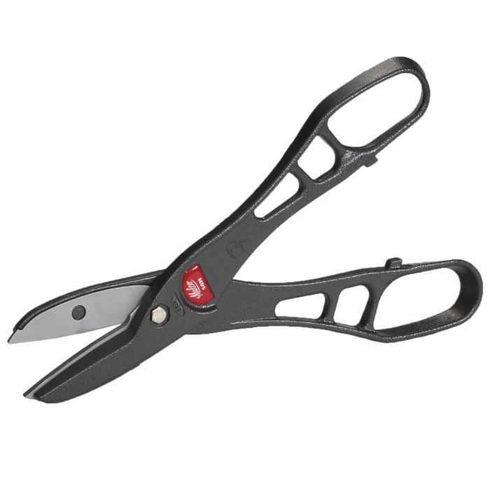 Image of Straight and Curved Combination Snips with black handles and a metal blade, designed for versatile cutting tasks. The snips have a straight blade on one side and a curved blade on the other, suitable for various materials.