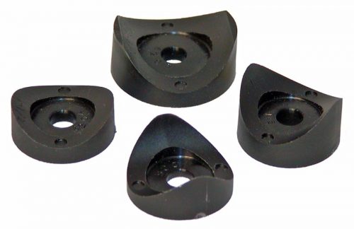 Four black tubing saddles with a triangular shape and central holes, designed for securing or supporting tubing.