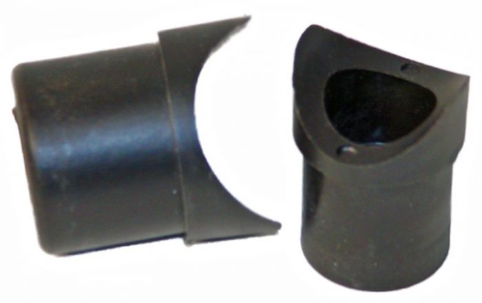 Black 1-1/4" x .065 tubing connector, showing two separate pieces with smooth, cylindrical shapes and angled ends.