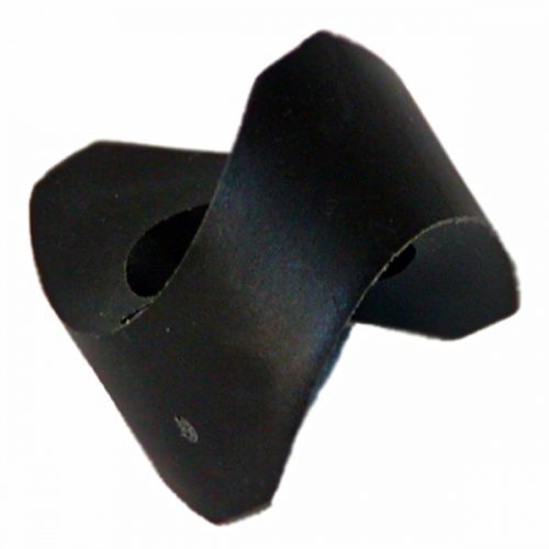 Black 1-1/4" x .065 tubing connector with a curved, angular design and a central hole for attachment.