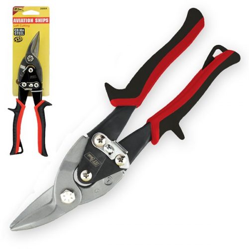 Ivy Classic Left Aviation Snips with red and black ergonomic handles, designed for cutting metal. The image shows the snips with a close-up view of the blades and a packaging shot in the background.