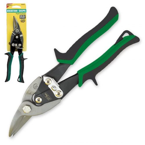 Ivy Classic Right Aviation Snips with green and black handles, featuring sharp metal blades. A smaller image of the snips in packaging is shown in the upper left corner.
