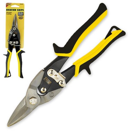 Yellow and black Ivy Classic Straight Aviation Snips with ergonomic handles and sharp metal blades, shown in close-up. Packaging of the snips is visible in the background.