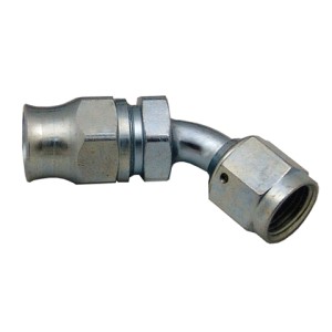 Steel 45° brake hose end with a silver finish, featuring a curved design and threaded connections on both ends for secure attachment.