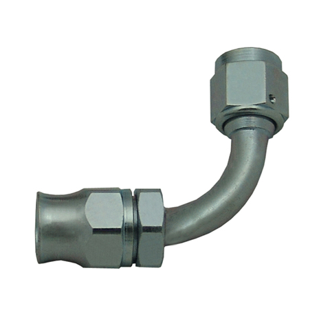 A metal hydraulic hose fitting with a 90-degree bend, featuring hexagonal connectors on both ends.