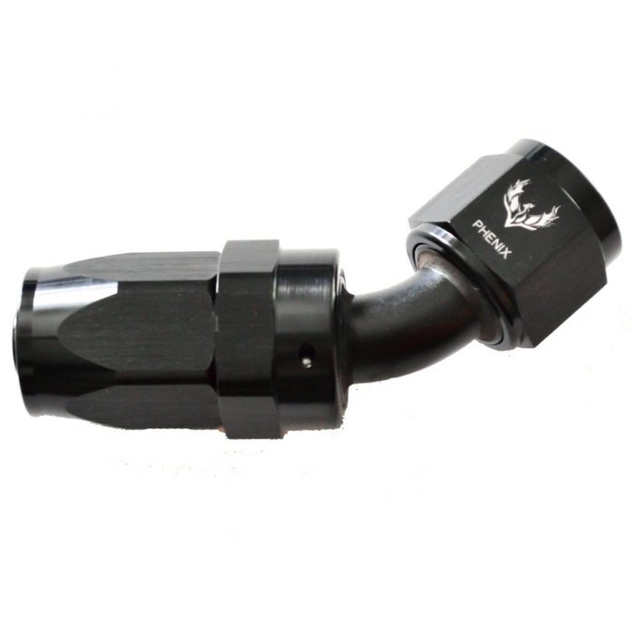 Black angled hose fitting with hexagonal ends, featuring the logo "Phoenix" on one side.