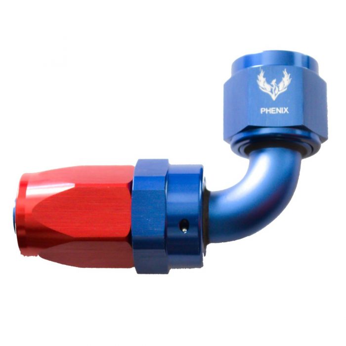 A blue and red anodized aluminum hose fitting with a 90-degree bend, featuring a logo and the word "PHENIX" on the blue part.