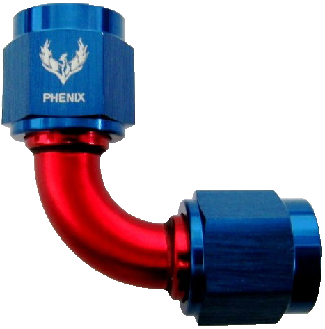A metal pipe fitting with a 90-degree bend, featuring a red curved section and blue hexagonal connectors on each end. The word "PHENIX" and a logo are printed on one connector.