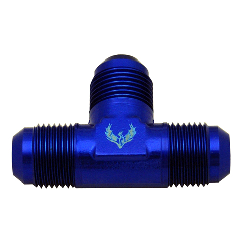 Blue T-shaped metal pipe fitting with threaded ends and a small emblem in the center.
