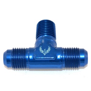 Blue metal flare to pipe tee fitting with threaded ends, designed for connecting pipes. The fitting has a T-shape, with the branch section extending upward. A small logo is visible on the front.