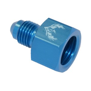 Blue metal 37° reducer with threaded end and hexagonal body, featuring a white logo on the side.
