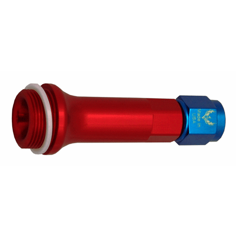 A red and blue female inlet fitting with a threaded end and a white washer, designed for connecting pipes or hoses.