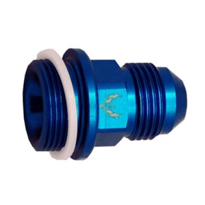 Blue metal male inlet fitting (short) with threaded ends and a white sealing ring, designed for secure connections in fluid systems.