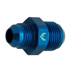 A blue metallic straight flare union fitting with threaded ends, used for connecting pipes or tubes in hydraulic or pneumatic systems.