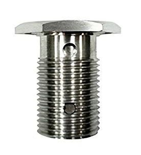 A close-up of a metallic Curtis Fuel Drain 3/4 16 UNF fitting, showcasing its threaded body and a flat top with a central hole. The surface is shiny and smooth, indicating a durable material suitable for fuel drainage applications.