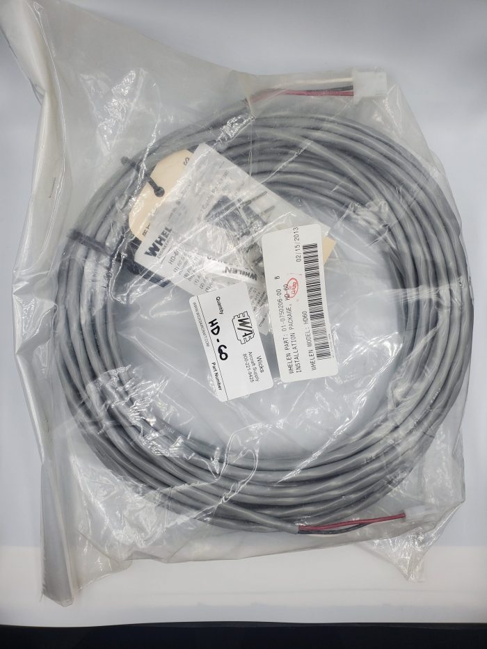 Coiled cable labeled "Whelen HD 60" in a clear plastic bag with attached barcode tags.