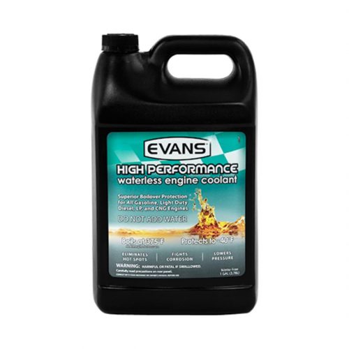 Black jug of Evans High Performance waterless engine coolant with a teal label featuring a splash of liquid and text highlighting benefits like superior heat protection and anti-corrosion.
