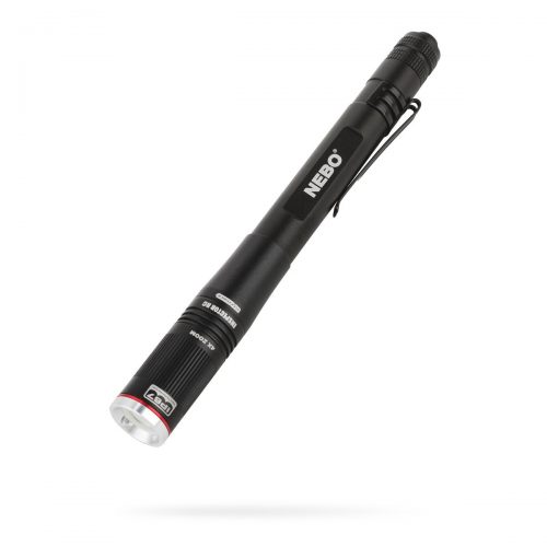 A sleek black flashlight labeled "NEBO" with the model name "INSPECTOR RC" on its side. It features a pen-like design with a clip for easy attachment.
