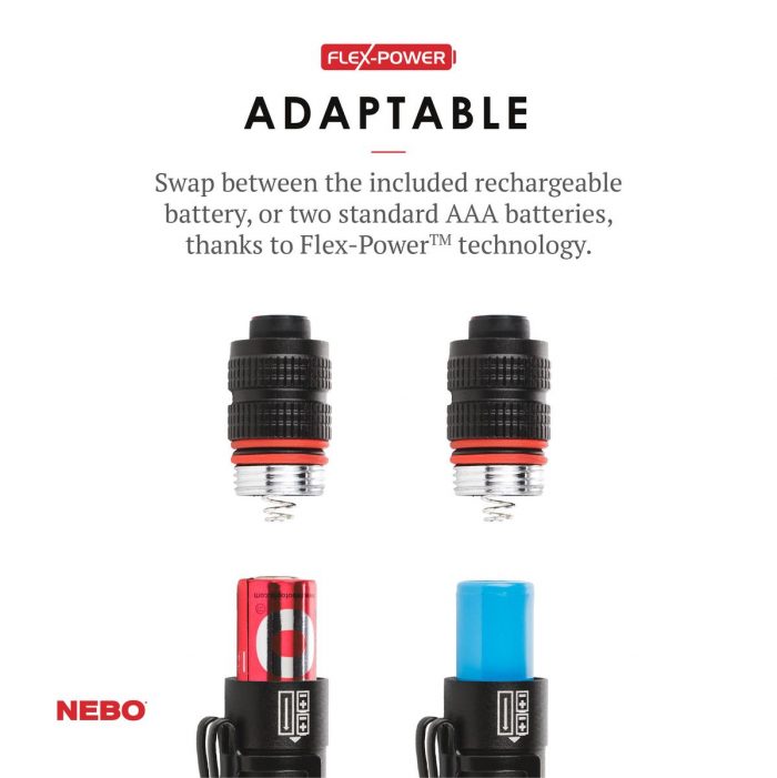 The image shows two battery compartments for the INSPECTOR RC flashlight, featuring Flex-Power technology. One compartment holds a rechargeable battery, and the other fits two AAA batteries. Text highlights the adaptability of the power options.