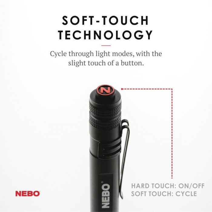 Black flashlight labeled "INSPECTOR RC" with soft-touch technology. Features include cycling through light modes with a button. Text highlights "Soft-Touch Technology" and "Hard Touch: On/Off, Soft Touch: Cycle." NEBO logo visible.