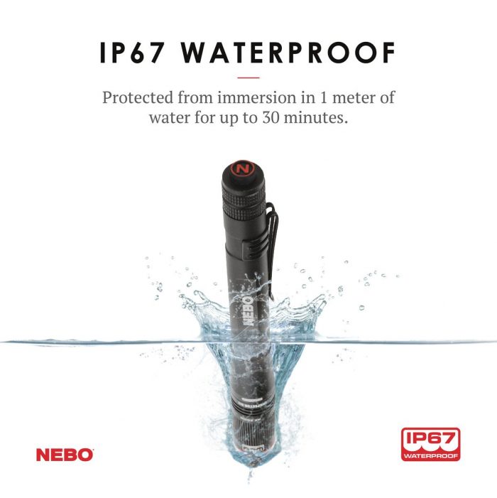 A black flashlight labeled "INSPECTOR RC" is shown partially submerged in water, demonstrating its IP67 waterproof rating. Text indicates protection from immersion in 1 meter of water for up to 30 minutes. NEBO and IP67 logos are visible.