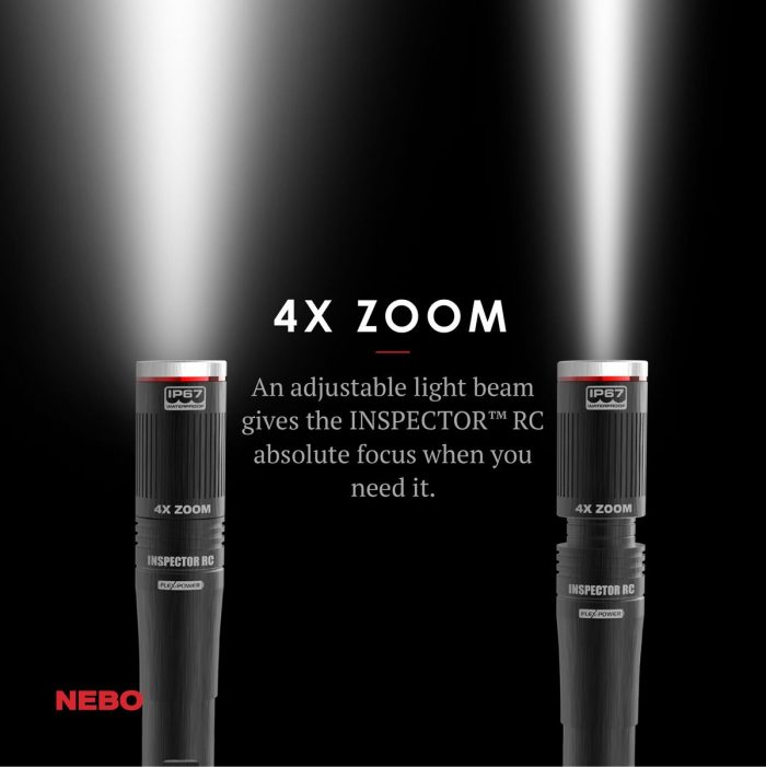 Two INSPECTOR RC flashlights with beams focused upwards, showcasing 4x zoom capability. Text reads: "An adjustable light beam gives the INSPECTOR RC absolute focus when you need it."