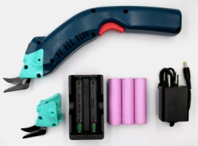 Cordless electric scissors with a blue and turquoise handle, extra blade attachment, three pink batteries, a black charger, and a power adapter, displayed on a white background.